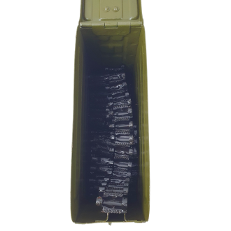 Radziecka skrzynka amunicyjna z taśmą 7,62x54R na 200 naboi, aluminiowa
